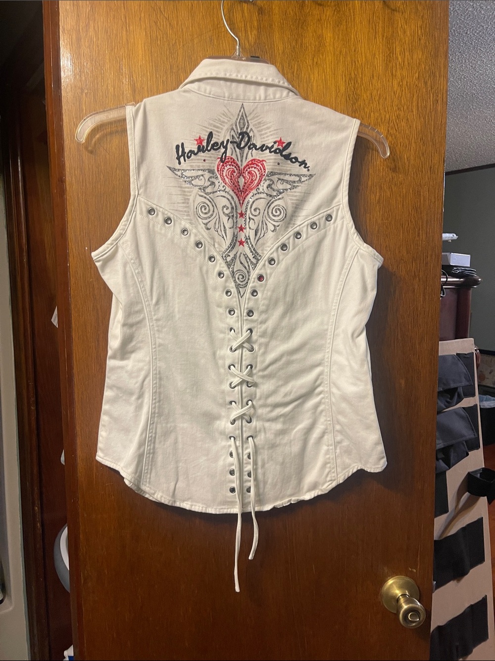 Harley-Davidson Cream Lace-Up Vest with Red and Black Embroidered Heart